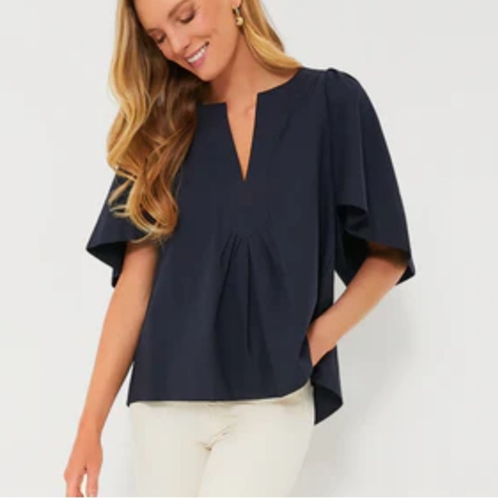 Womens Navy Split-Neck Short Sleeve Blouse